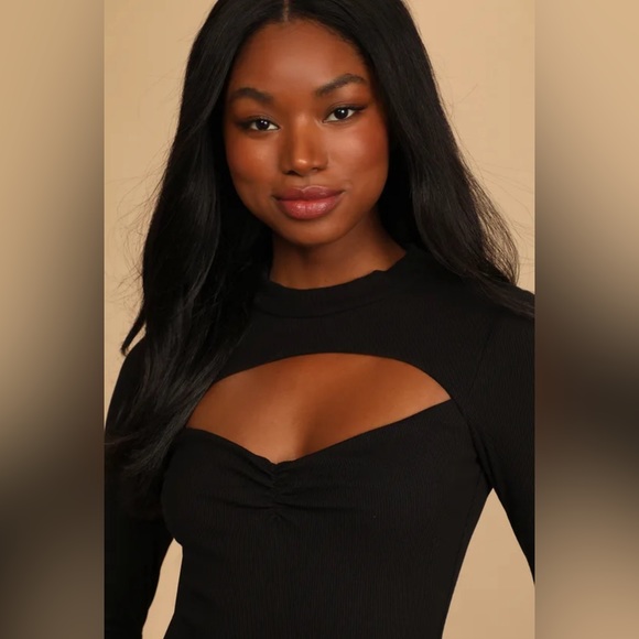Lulu’s Black Ribbed Long Sleeve Cutout Bodysuit - Picture 3 of 8